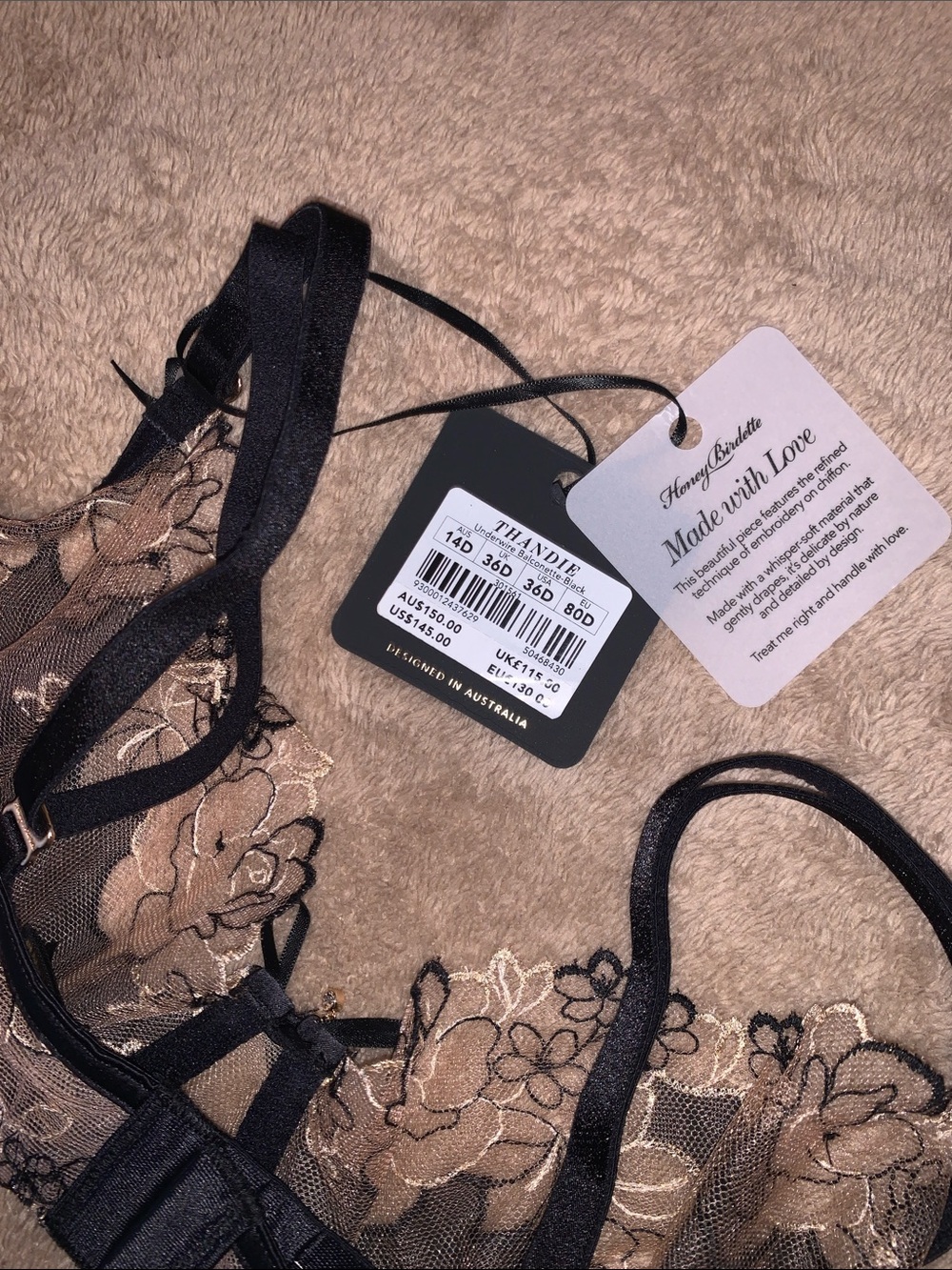 Honey Birdette Black Bra with Gold Floral Embroidery Thandie 36D - Picture 3 of 4